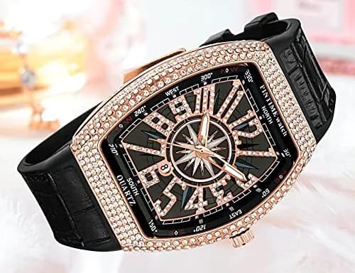 FANMIS Men's Skull Big Face Watch Rectangle Punk Diamond Dial Leather Strap Quartz 42mm (Rose Black) thumbnail 3