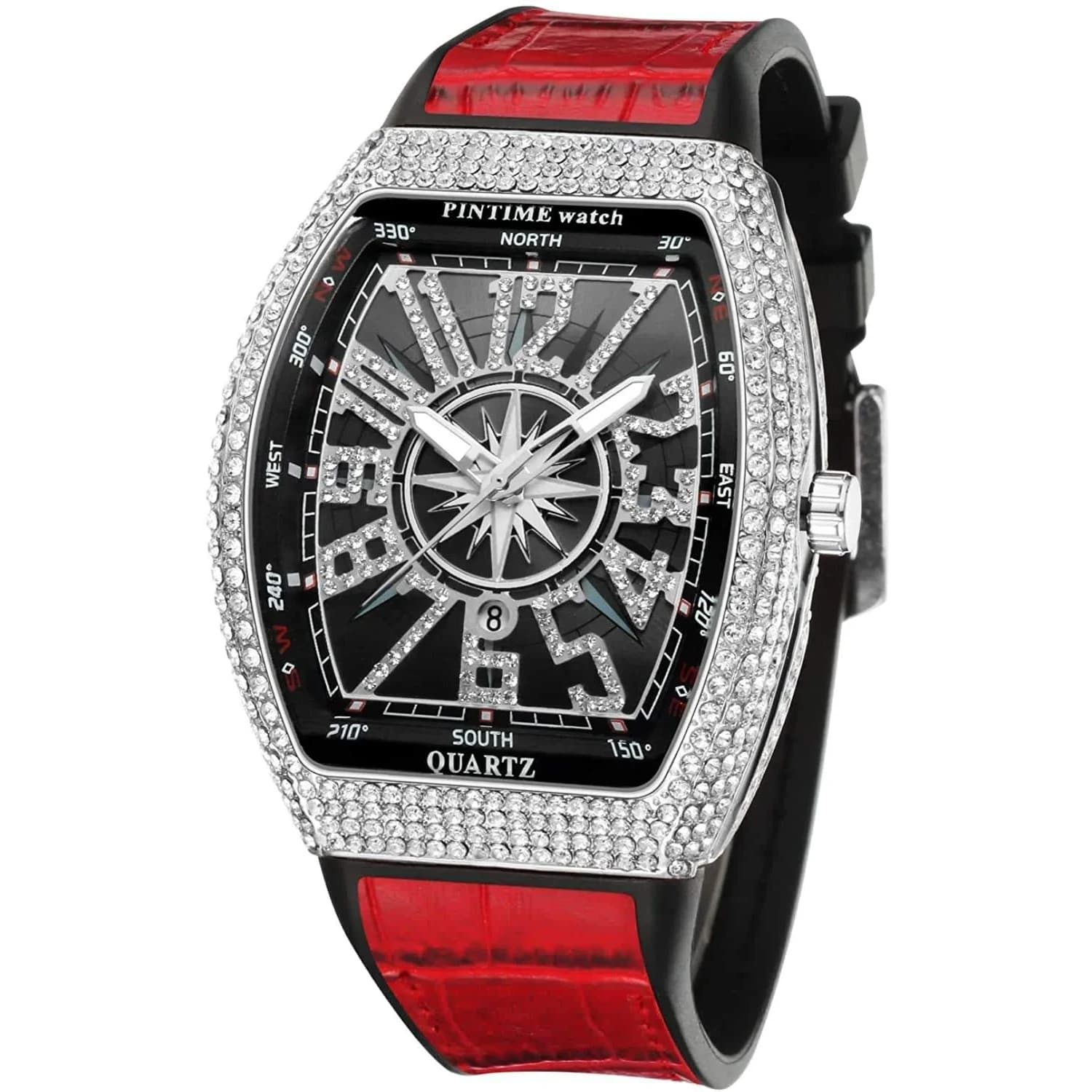 FANMIS Men's Rectangle Skull Watch 42.5mm (Silver Red) | Big Face Diamond Dial Leather Strap - main product image