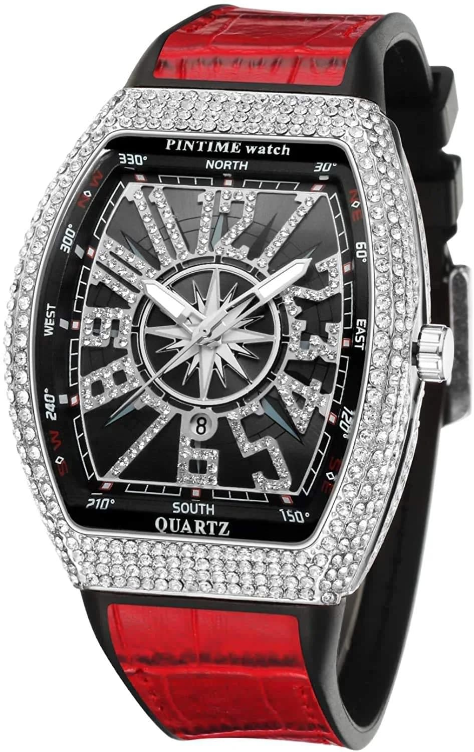 FANMIS Men's Rectangle Skull Watch 47mm (Rose Red) | Bling Diamond Dial Quartz — Silver Red