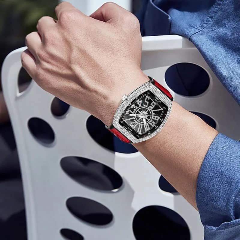 FANMIS Men's Rectangle Skull Watch 42.5mm (Silver Red) | Big Face Diamond Dial Leather Strap thumbnail 4
