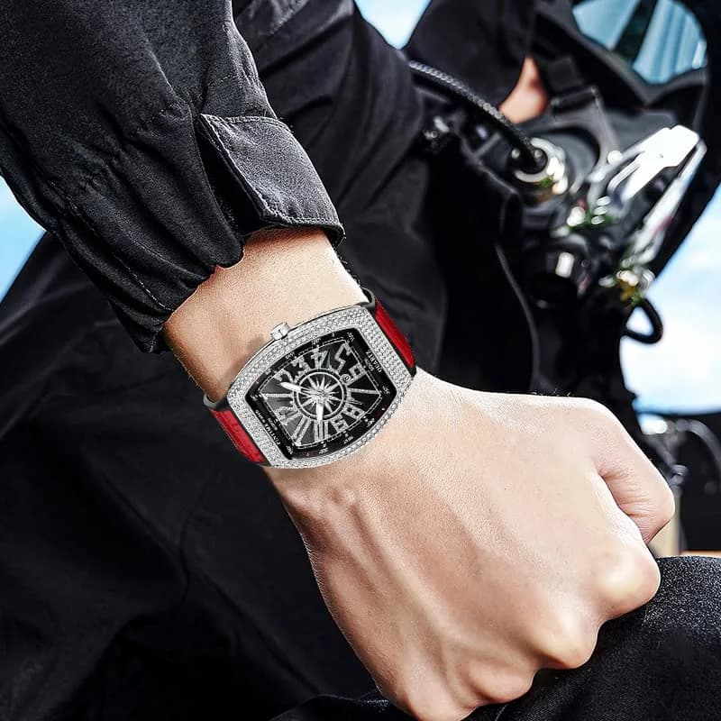 FANMIS Men's Rectangle Skull Watch 42.5mm (Silver Red) | Big Face Diamond Dial Leather Strap thumbnail 5