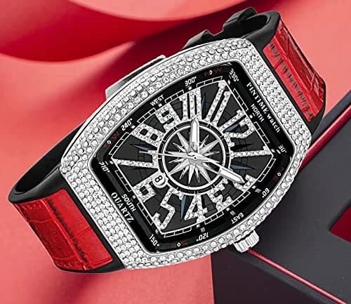 FANMIS Men's Rectangle Skull Watch 42.5mm (Silver Red) | Big Face Diamond Dial Leather Strap thumbnail 6