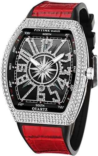 FANMIS Men's Rectangle Skull Watch 42.5mm (Silver Red) | Big Face Diamond Dial Leather Strap thumbnail 1