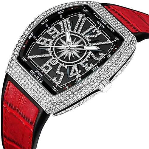 FANMIS Men's Rectangle Skull Watch 42.5mm (Silver Red) | Big Face Diamond Dial Leather Strap thumbnail 2