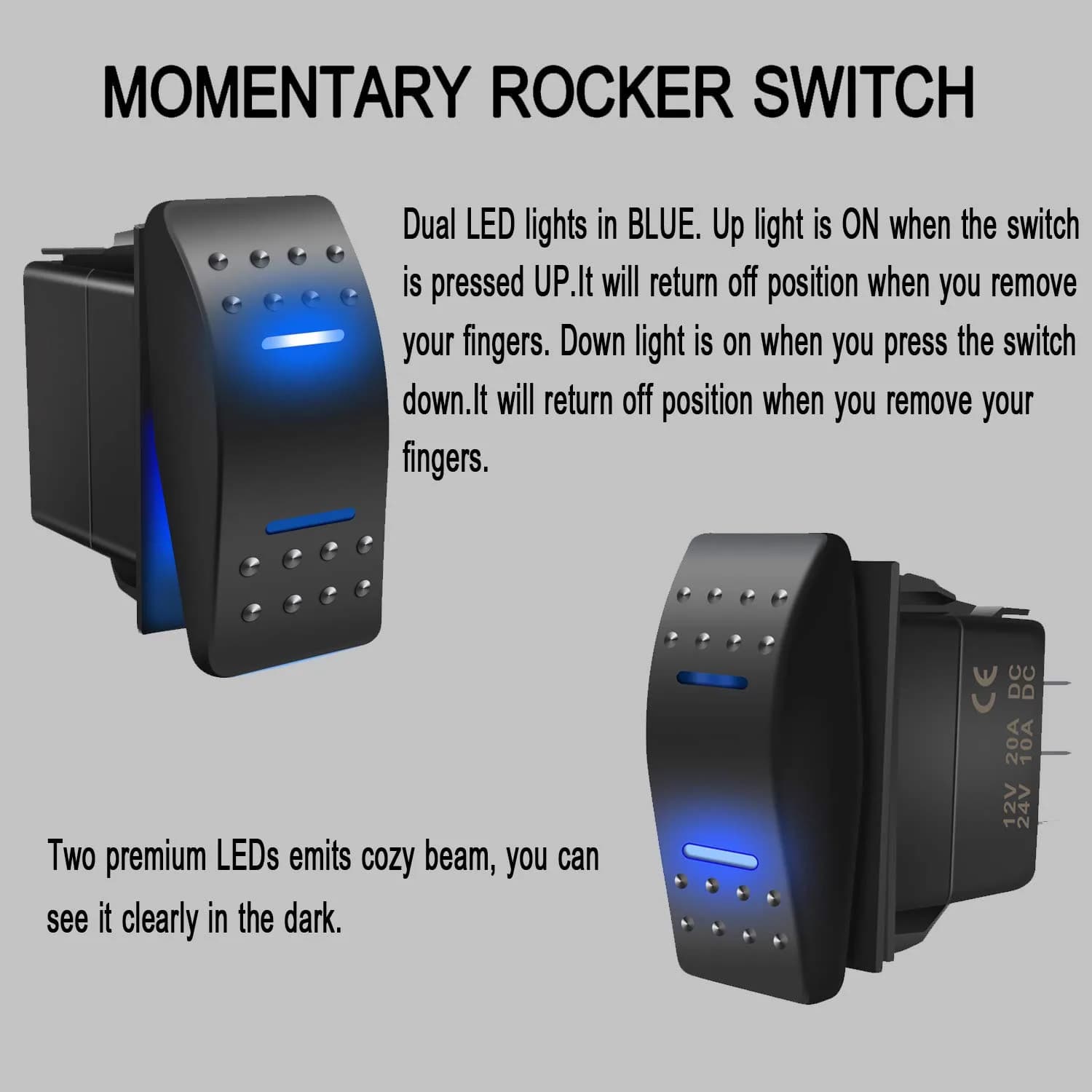 KEING Momentary Rocker Switch with Blue LED Light - 12V 20A / 24V 10A, 7-Pin DPDT (ON)/Off/(ON) | For Automotive & Marine Use - view 5