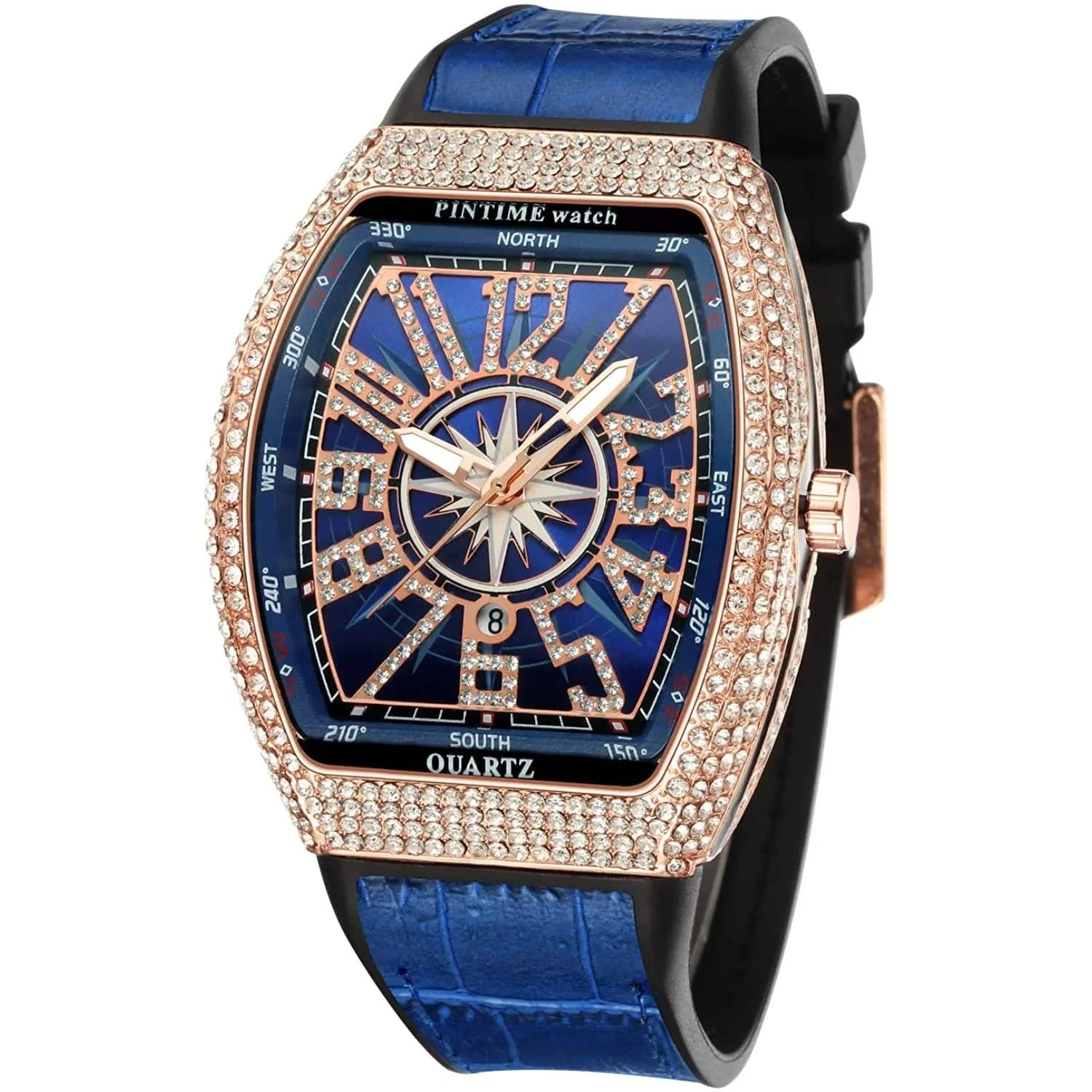 FANMIS Men's Rectangle Skull Watch 42.5mm (Silver Red) | Big Face Diamond Dial Leather Strap — Rose Blue