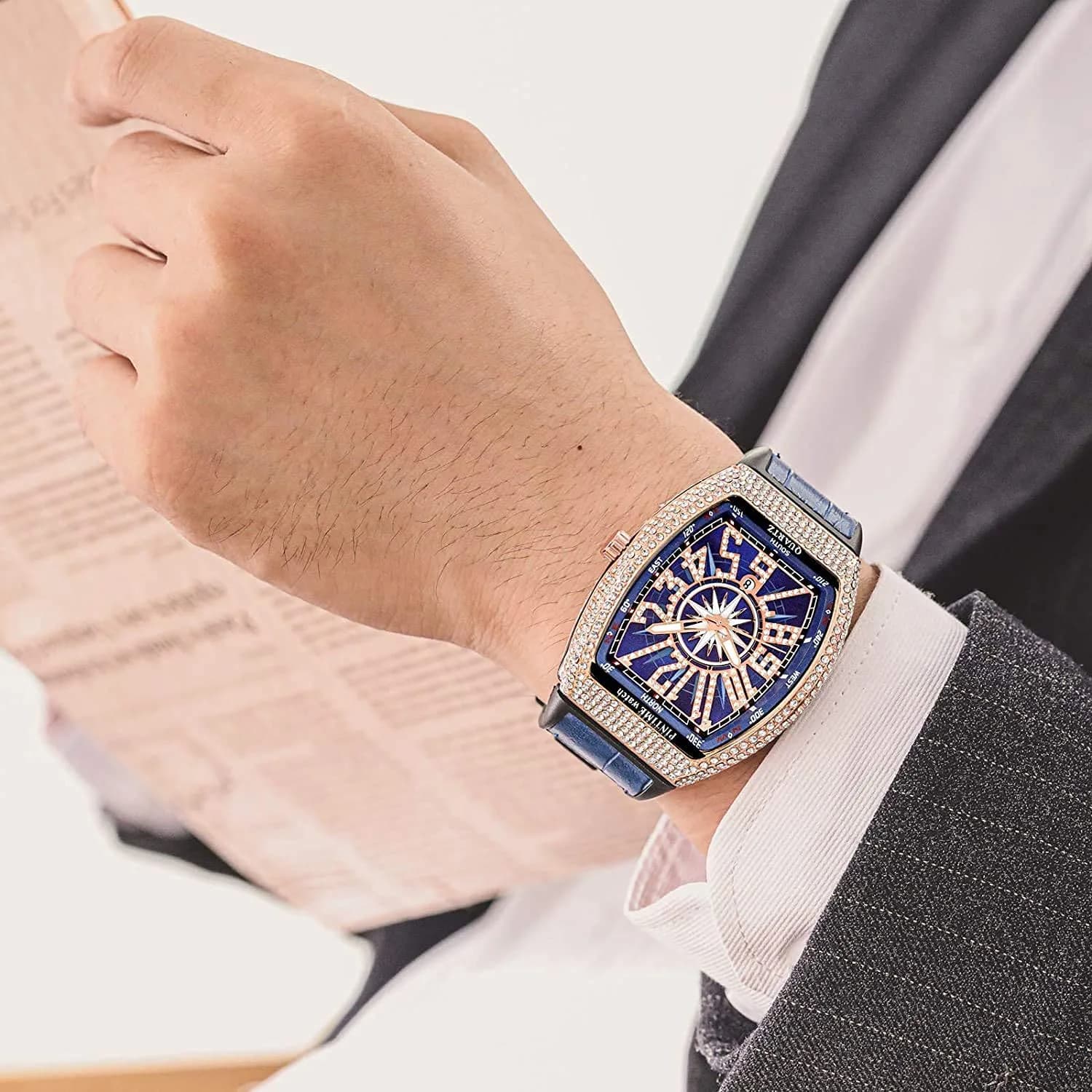 FANMIS Men's Skull Big Face Watch Rectangle Punk Diamond Dial Leather Strap Calendar Quartz Sports Wrist Watch (Rose Blue) 43mm | Luxury Bling Crystal Watch - view 2