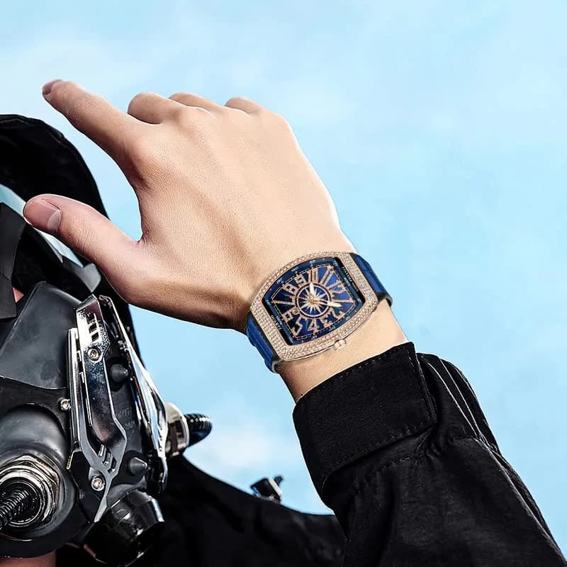 FANMIS Men's Skull Big Face Watch Rectangle Punk Diamond Dial Leather Strap Calendar Quartz Sports Wrist Watch (Rose Blue) 43mm | Luxury Bling Crystal Watch - view 3