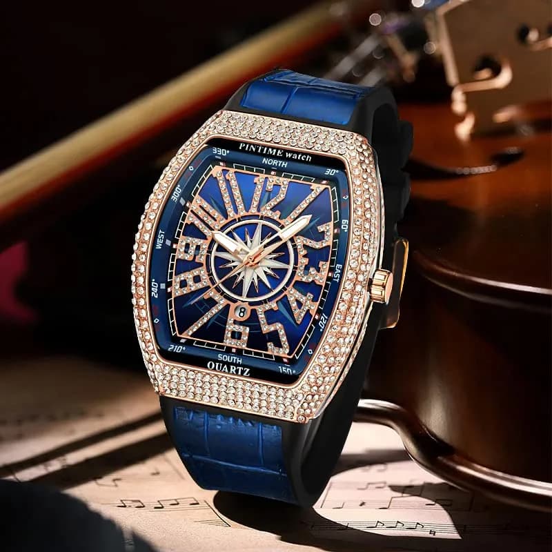 FANMIS Men's Skull Big Face Watch Rectangle Punk Diamond Dial Leather Strap Calendar Quartz Sports Wrist Watch (Rose Blue) 43mm | Luxury Bling Crystal Watch - view 4