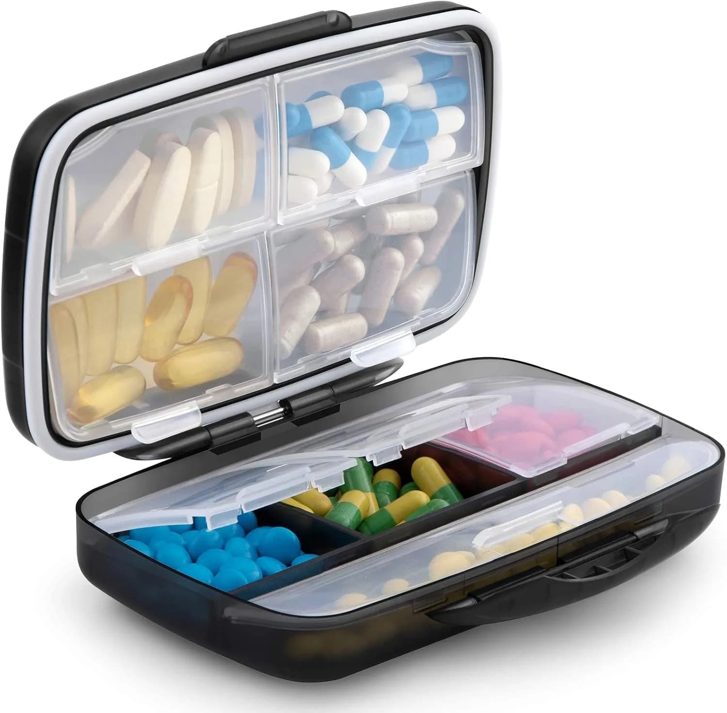 Fullicon Moisture Proof Travel 8 Compartments Pill Organizer, Black | Extra Large, Airtight, Labelable, Moistureproof — Black
