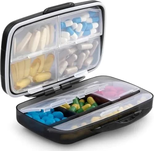 Fullicon Moisture Proof Travel 8 Compartments Pill Organizer, Black | Extra Large, Airtight, Labelable, Moistureproof thumbnail 1
