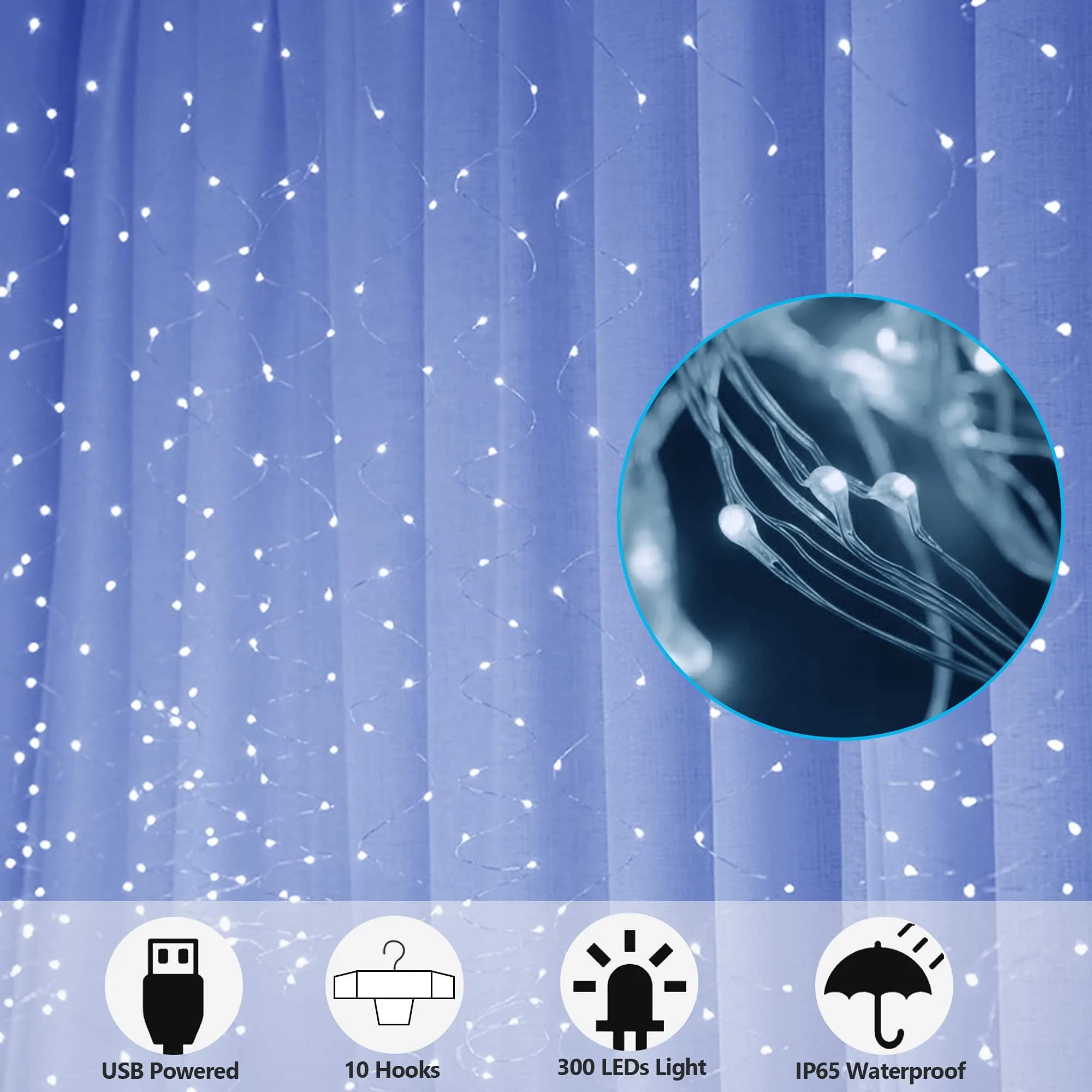 HOME LIGHTING Window Curtain String Lights, 300 LED, 8 Modes, USB, Waterproof, Cool White | Festive Indoor & Outdoor Decor thumbnail 2