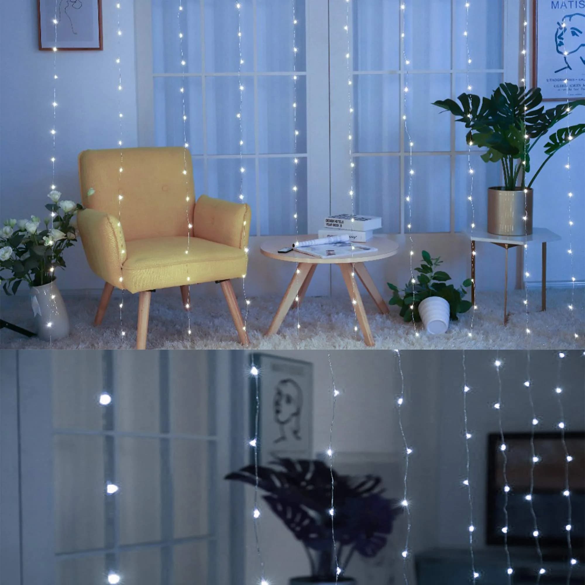HOME LIGHTING Window Curtain String Lights, 300 LED, 8 Modes, USB, Waterproof, Cool White | Festive Indoor & Outdoor Decor thumbnail 3