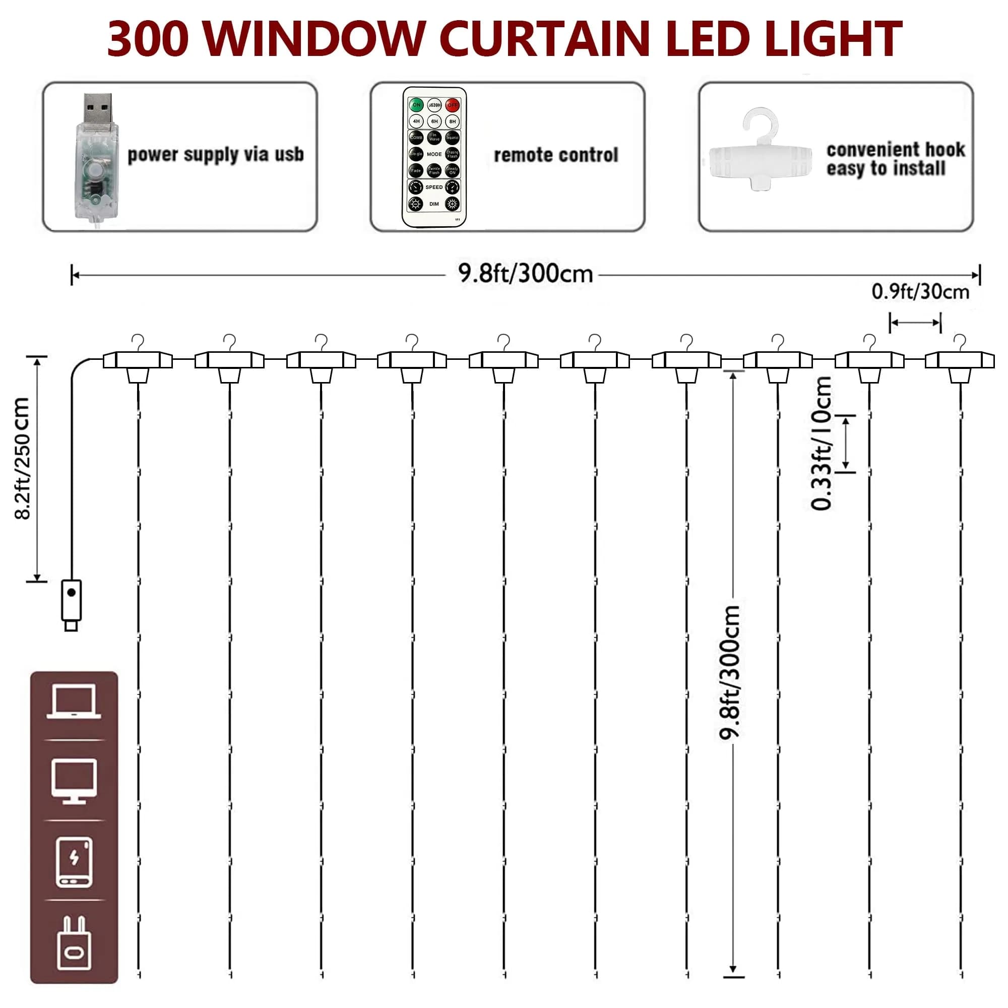 HOME LIGHTING Window Curtain String Lights, 300 LED, 8 Modes, USB, Waterproof, Cool White | Festive Indoor & Outdoor Decor thumbnail 4