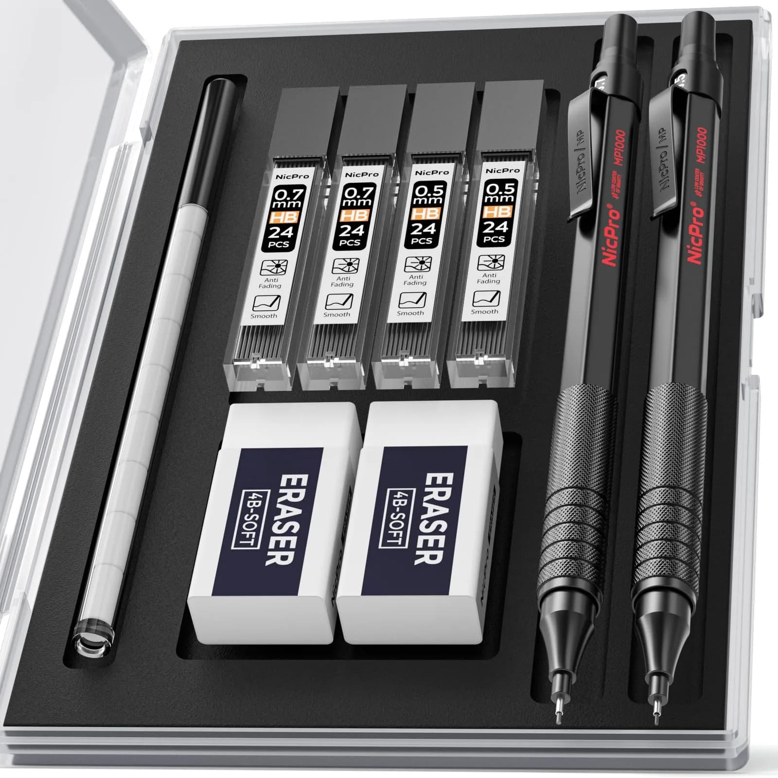Nicpro MP1000 Series Mechanical Pencil Set 0.5mm & 0.7mm | Full Metal Body with Case & Refills — Black