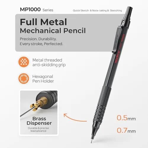 Nicpro MP1000 Series Mechanical Pencil Set 0.5mm & 0.7mm | Full Metal Body with Case & Refills thumbnail 2