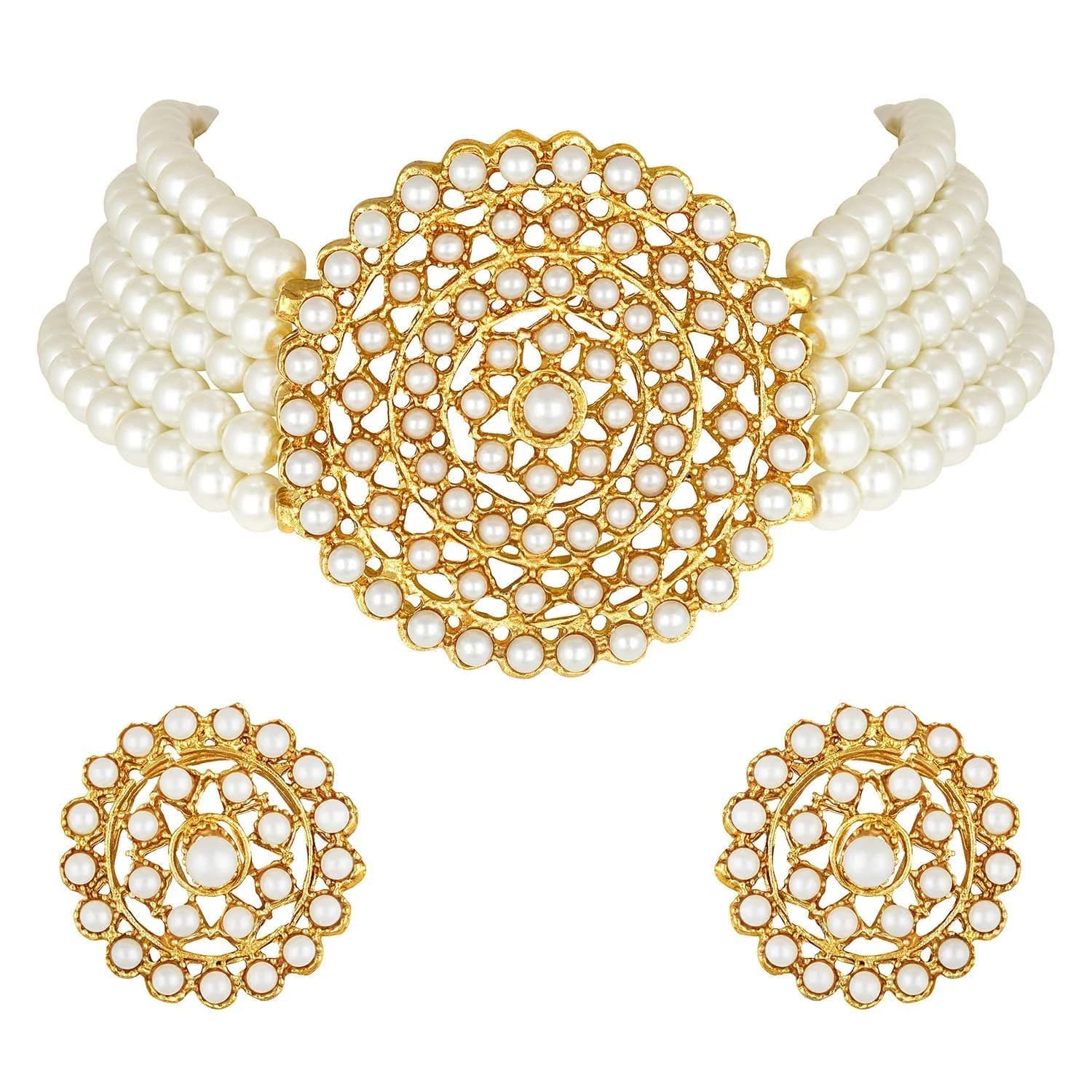 I Jewels Gold Plated Beaded Choker Set with Moti Work & Earrings, 21cm Necklace | Lightweight Traditional Indian Jewelry — White