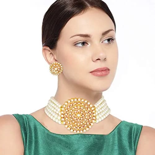 I Jewels Gold Plated Beaded Choker Set with Moti Work & Earrings, 21cm Necklace | Lightweight Traditional Indian Jewelry thumbnail 3