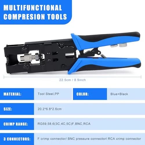 Delgada Coax Cable Crimper 3-in-1 BNC Compression Tool for RG58 RG59 RG6 | Durable, Ergonomic, Waterproof thumbnail 3