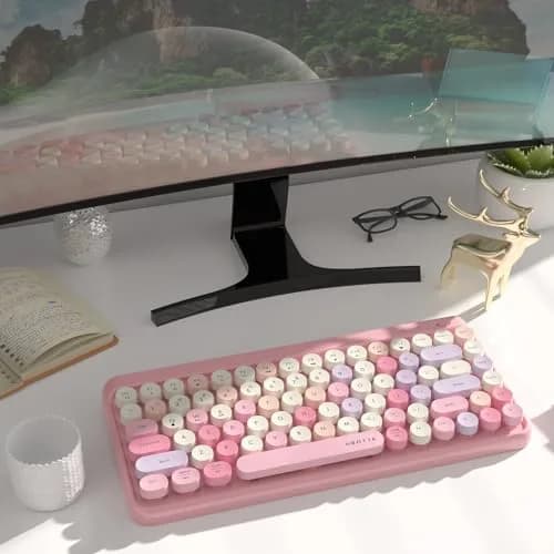 UBOTIE Portable Bluetooth Colorful Keyboard (Pink-Colorful) | Retro Round Keys, 84 Keys, Wireless thumbnail 3
