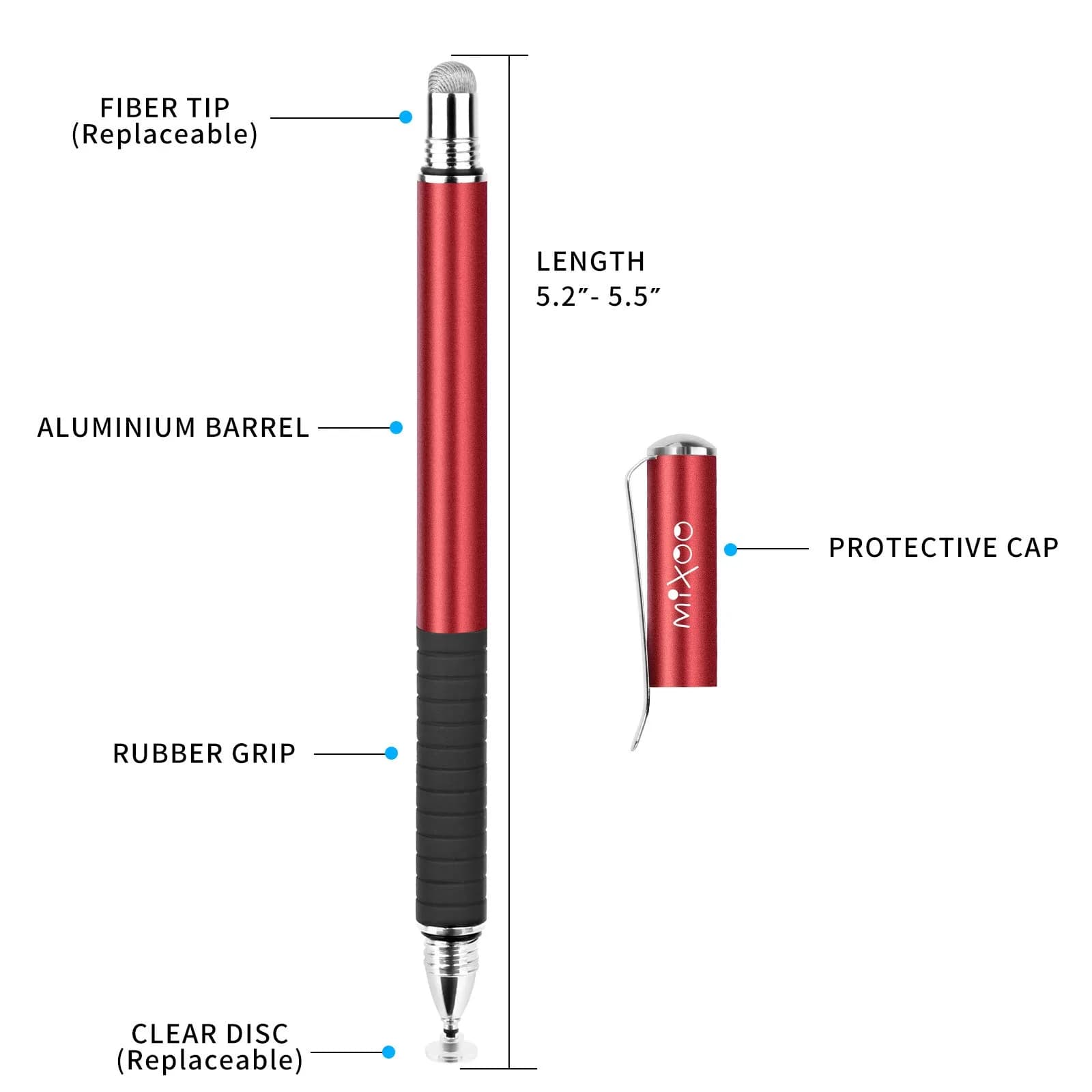 Mixoo 2-in-1 Stylus Pen for Touch Screens - Disc & Fiber Tip, High Sensitivity, Universal for iPad, iPhone, Tablets, Laptops (Red, 156mm) - view 2