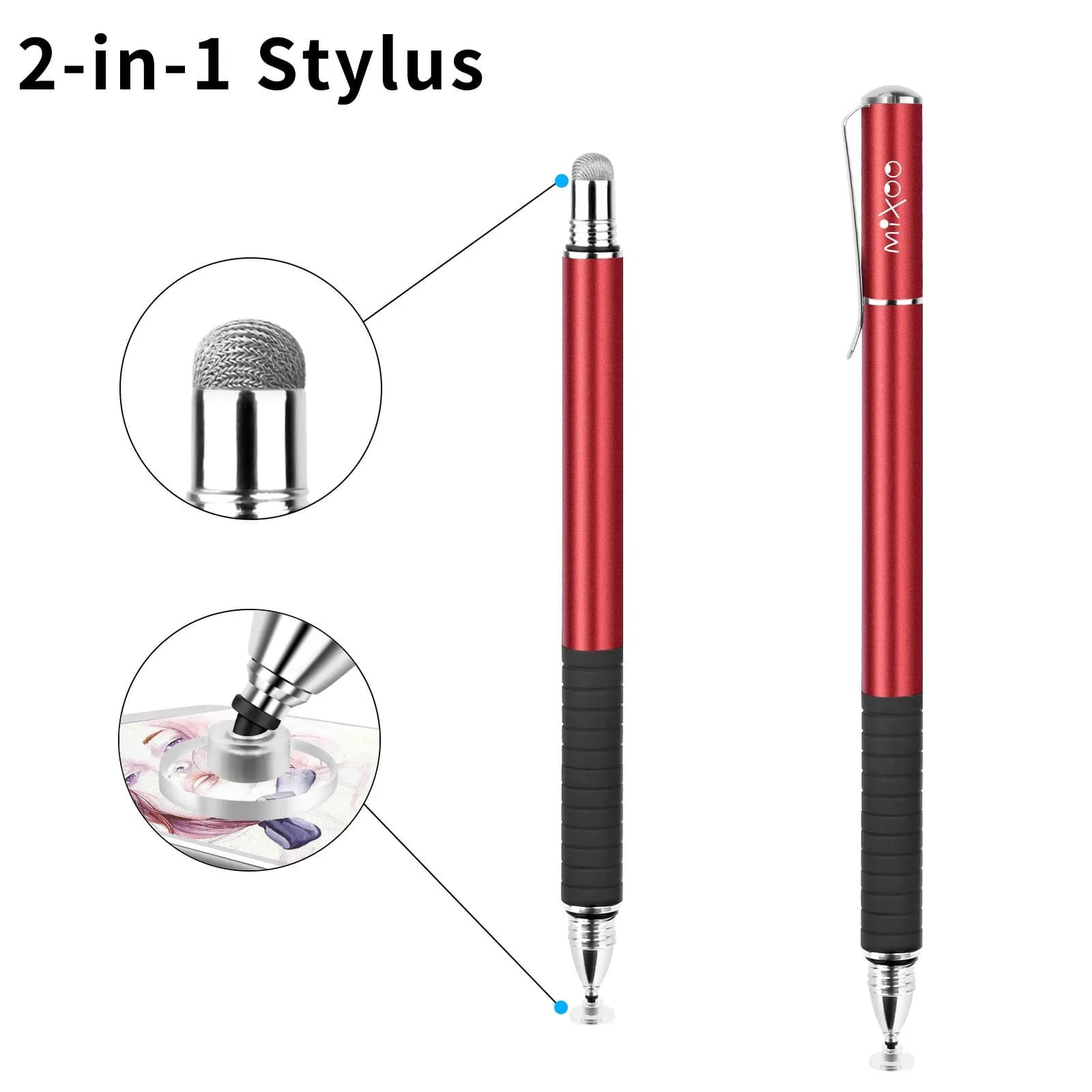 Mixoo 2-in-1 Stylus Pen for Touch Screens - Disc & Fiber Tip, High Sensitivity, Universal for iPad, iPhone, Tablets, Laptops (Red, 156mm) - view 4