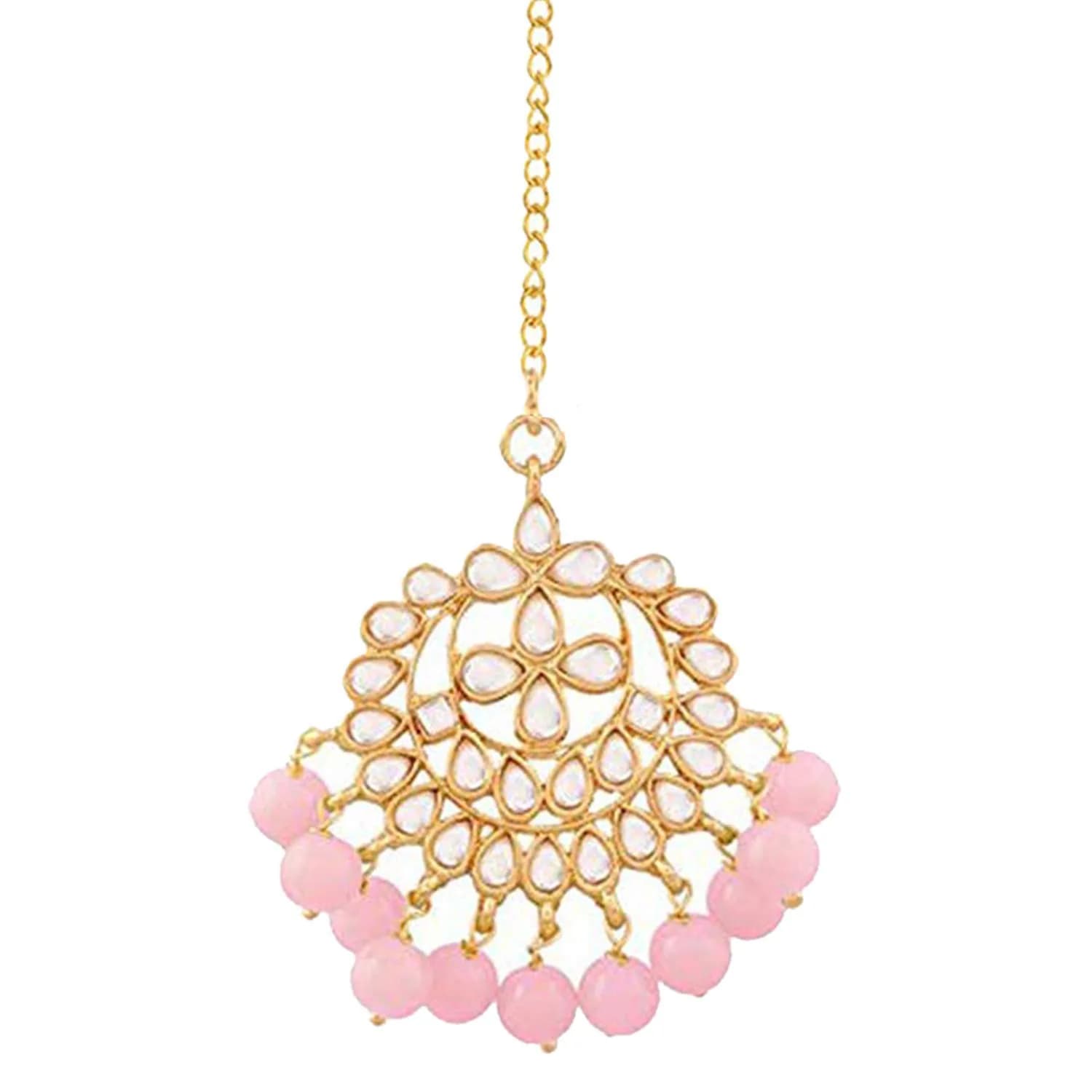 I Jewels Gold Plated Kundan Maang Tikka with Pearls T7058Pi | 14.5 cm (5.7 in) Length, 2.7 cm (1.1 in) Width — Pink