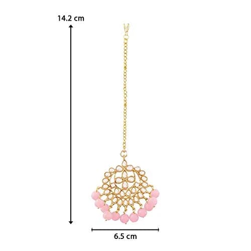I Jewels Gold Plated Kundan Maang Tikka with Pearls T7058Pi | 14.5 cm (5.7 in) Length, 2.7 cm (1.1 in) Width thumbnail 4