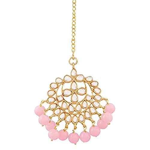 I Jewels Gold Plated Kundan Maang Tikka with Pearls T7058Pi | 14.5 cm (5.7 in) Length, 2.7 cm (1.1 in) Width thumbnail 1