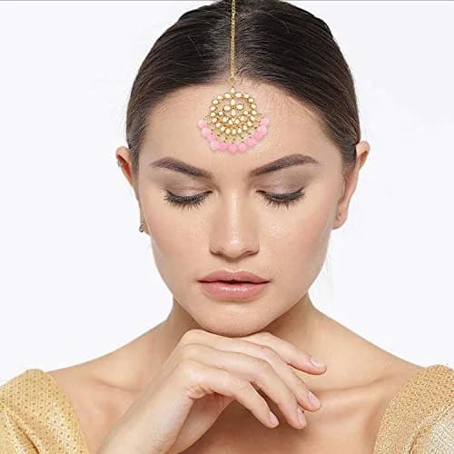 I Jewels Gold Plated Kundan Maang Tikka with Pearls T7058Pi | 14.5 cm (5.7 in) Length, 2.7 cm (1.1 in) Width thumbnail 2