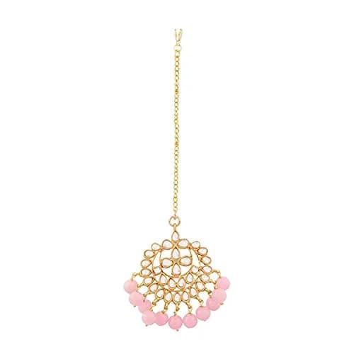 I Jewels Gold Plated Kundan Maang Tikka with Pearls T7058Pi | 14.5 cm (5.7 in) Length, 2.7 cm (1.1 in) Width thumbnail 3