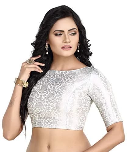 Madhu Fashion Silver Banaras Brocade Saree Blouse 40 (102cm) | Boat Neck Elbow Sleeve thumbnail 4