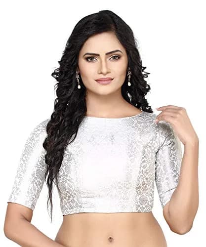 Madhu Fashion Silver Banaras Brocade Saree Blouse 40 (102cm) | Boat Neck Elbow Sleeve thumbnail 7