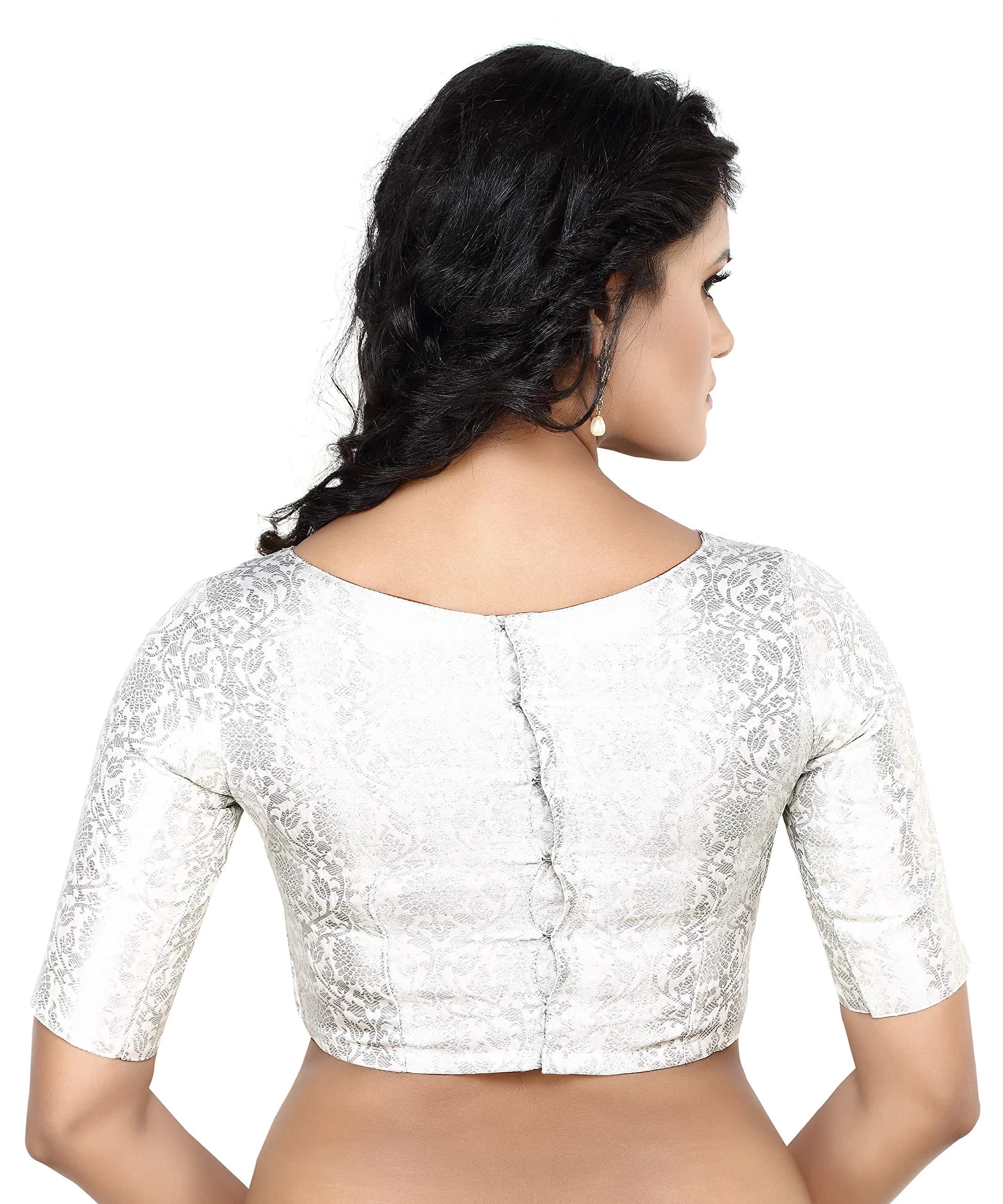 Madhu Fashion Silver Banaras Brocade Saree Blouse 40 (102cm) | Boat Neck Elbow Sleeve - view 2