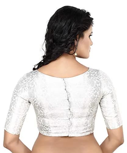 Madhu Fashion Silver Banaras Brocade Saree Blouse 40 (102cm) | Boat Neck Elbow Sleeve thumbnail 2