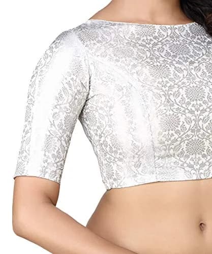 Madhu Fashion Silver Banaras Brocade Saree Blouse 40 (102cm) | Boat Neck Elbow Sleeve thumbnail 3