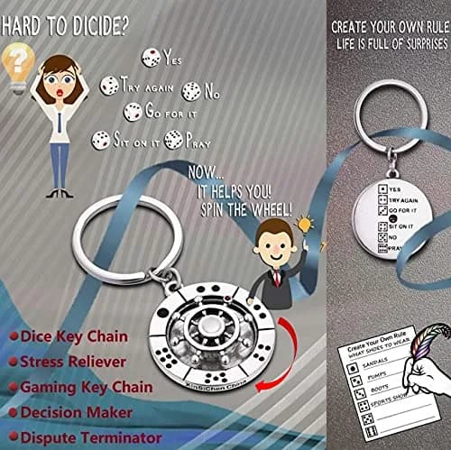 XinSiChen Stainless Steel Spinning Key Chain Fidget Key Ring with Dice & Rule Cards | 8.5cm (3.25 in) thumbnail 5