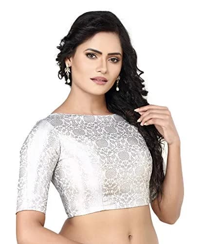Madhu Fashion Silver Banaras Brocade Saree Blouse 32 (US Size) | Boat Neck Elbow Sleeve thumbnail 5