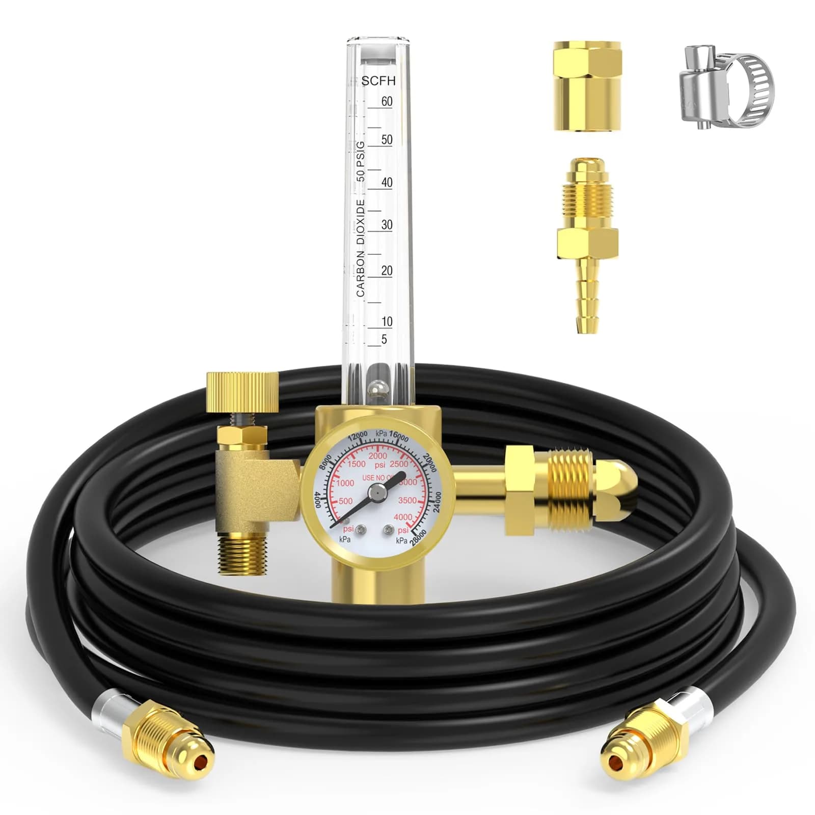 YESWELDER Welding Gas Regulator Flow Meter with Hose, CGA-580 Inlet, 0-60 CFH, 0-4000 PSI, Brass Construction | For MIG/TIG Welding — Gas Regulator with Hose