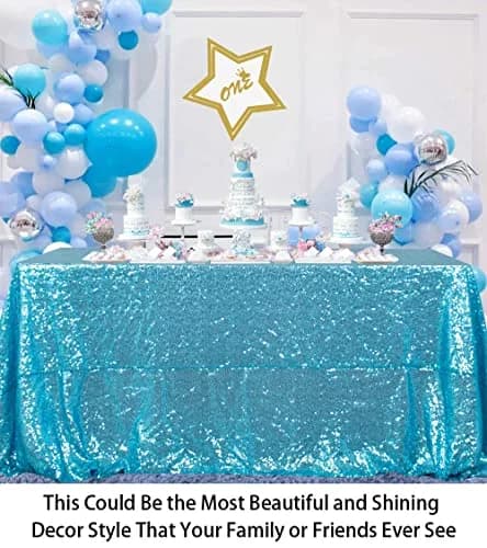ShinyBeauty Sequin Tablecloth 48x72Inch | Turquoise Glitter Table Cover for Events thumbnail 6
