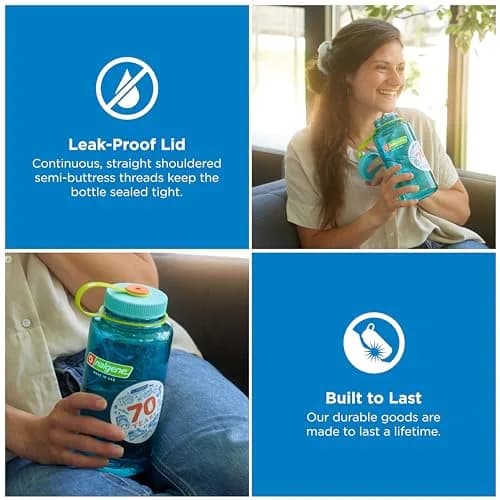 Nalgene 32 oz Wide Mouth Water Bottle, Cerulean | Heavy-Duty, Reusable, Leak-Proof & Dishwasher Safe thumbnail 2