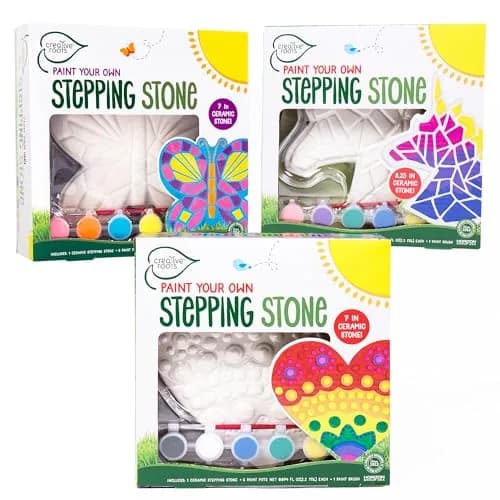 Creative Roots Paint Your Own Stepping Stones Multipack with Butterfly, Unicorn, & Heart, 17.8cm (7 Inch) Each | 3 Ceramic Stepping Stones, 18 Acrylic Paints, 3 Paintbrushes - main product image