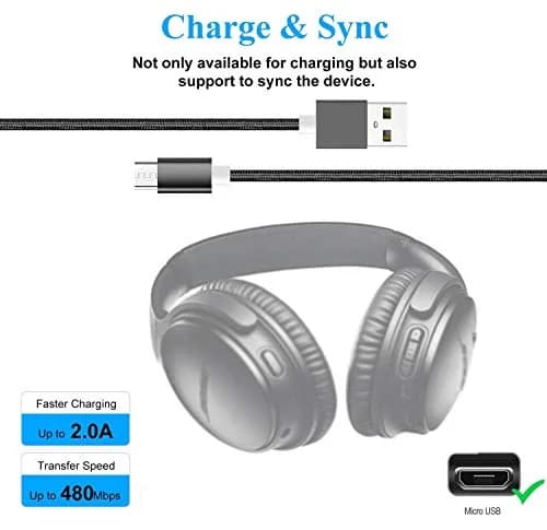 Akingdleo Black USB Charging Cable for Bose QC35 II Headphones | 1.5m (5ft) Nylon Braided thumbnail 2