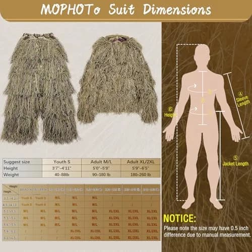 MOPHOTO 5 in 1 Ghillie Suit 3D Camouflage Hunting Suit - Jacket, Pants, Hood, Carry Bag, Youth & Adult Sizes thumbnail 5