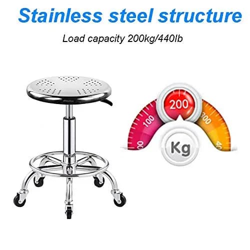 ZHOUXIAO Heavy Duty Rolling Stool with Wheels, Adjustable Swivel Seat 29cm (11.4") | 440 lbs Capacity, Stainless Steel thumbnail 5