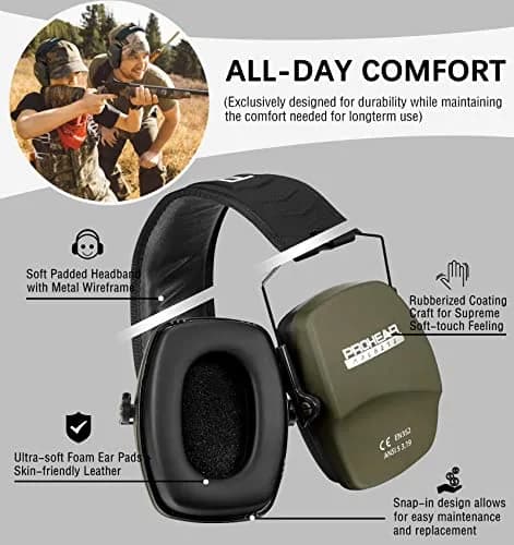 PROHEAR 016 NRR 26dB Shooting Ear Protection Slim Passive Earmuffs Green Passive Foam | Foldable & Lightweight for Hunting, Woodworking, and Range Use thumbnail 4