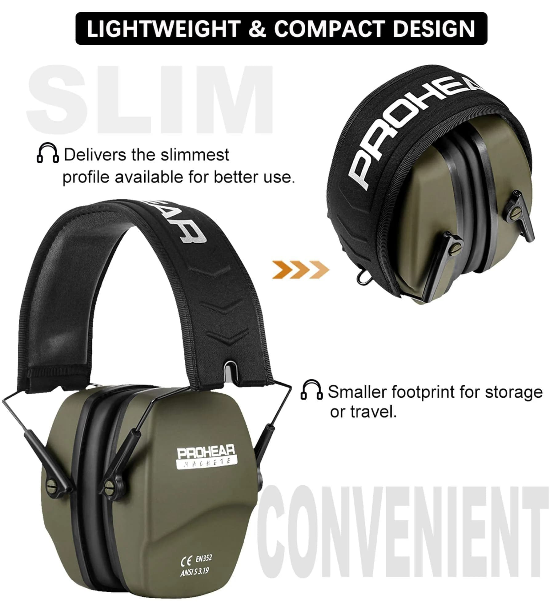 PROHEAR 016 NRR 26dB Shooting Ear Protection Slim Passive Earmuffs Green Passive Foam | Foldable & Lightweight for Hunting, Woodworking, and Range Use - view 5