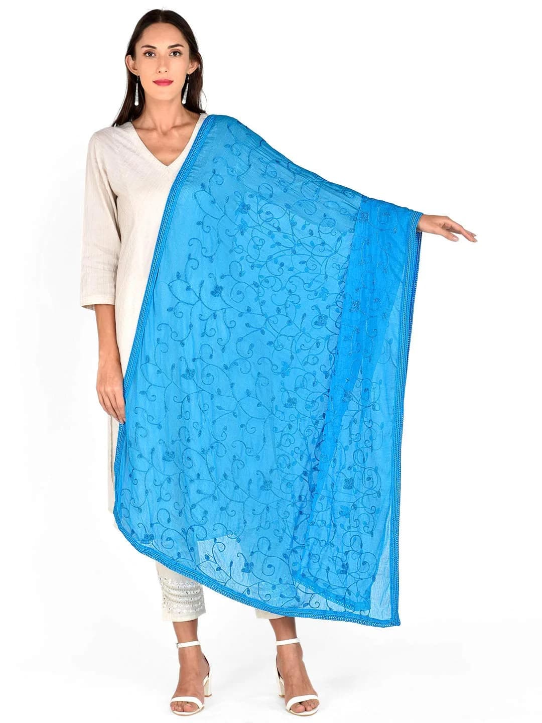 DUPATTA BAZAAR Turquoise Blue Embroidered Chiffon Dupatta 240cm (8ft) | Aari Work Ethnic Fashion — Turquoise Blue
