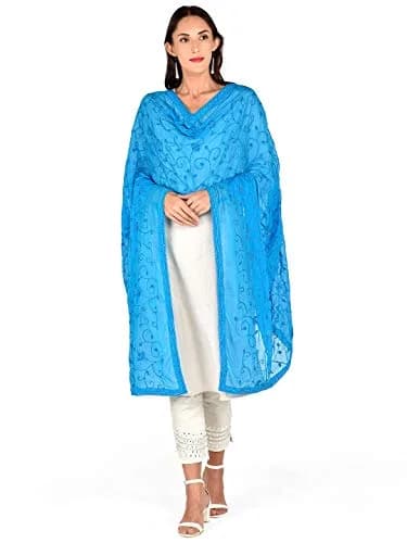 DUPATTA BAZAAR Turquoise Blue Embroidered Chiffon Dupatta 240cm (8ft) | Aari Work Ethnic Fashion thumbnail 4
