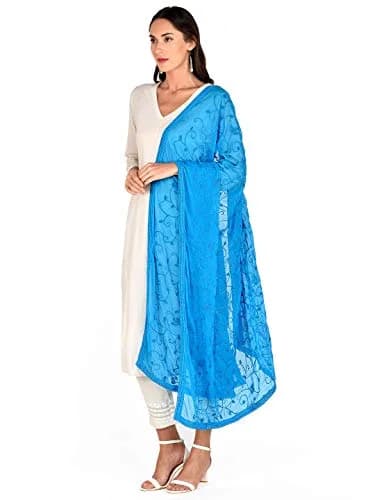 DUPATTA BAZAAR Turquoise Blue Embroidered Chiffon Dupatta 240cm (8ft) | Aari Work Ethnic Fashion thumbnail 2